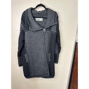 Aran Crafts Womens Black Gray Sweater XL Merino Wool long ireland collared